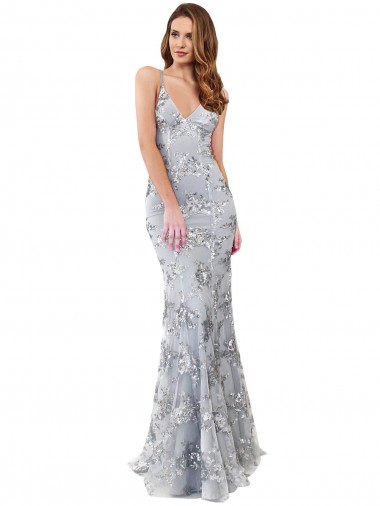 Acheter Argent Sirène Col V Crêpe Stretch Paillette Tulle Longue Formelles Robes demoiselle d'honneur / Robes de soirée / Robes de bal
