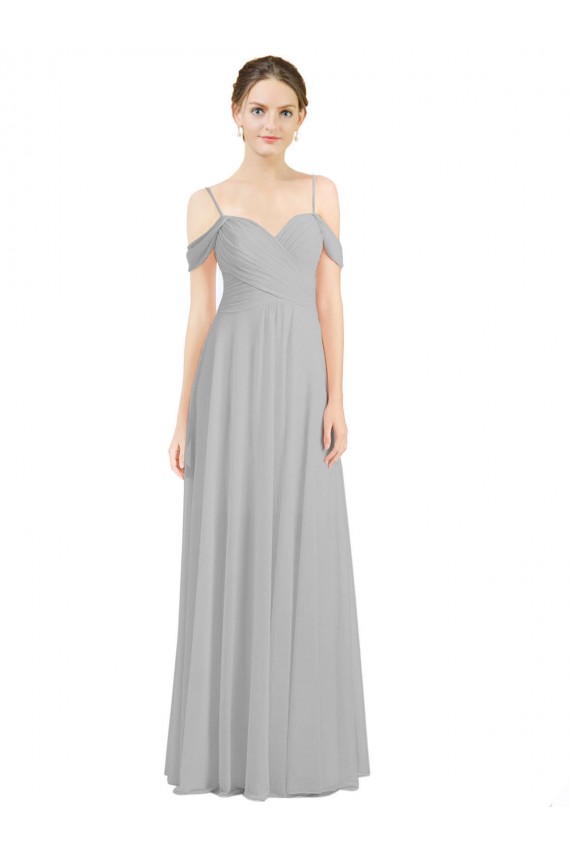 Acheter Argent Trapèze Épaule Dénudée Bretelles spaghetti Mousseline Longue Robes demoiselle d'honneur