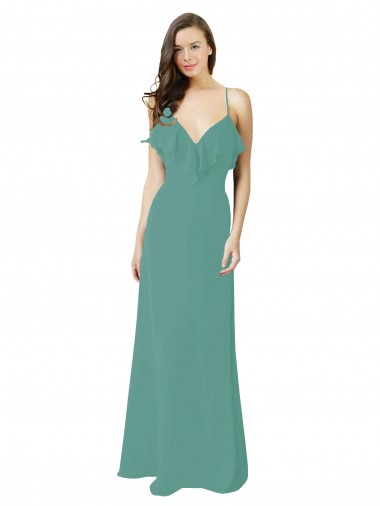 Acheter Argent islandais Trapèze Bretelles spaghetti Col V Mousseline Longue Robes demoiselle d'honneur