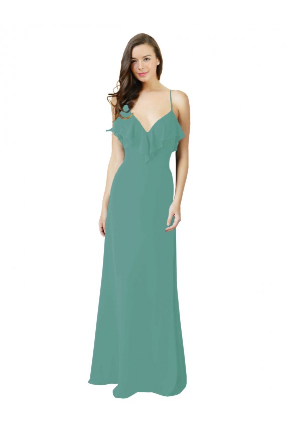 Acheter Argent islandais Trapèze Bretelles spaghetti Col V Mousseline Longue Robes demoiselle d'honneur