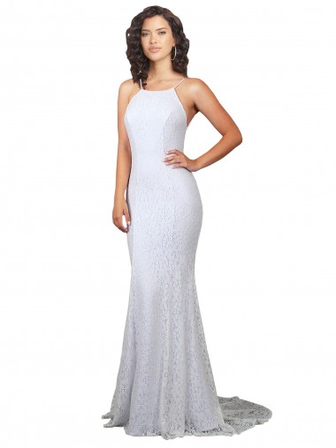 Acheter Blanc Sirène Col Haut Balayage train Dentelle Robes de mariée