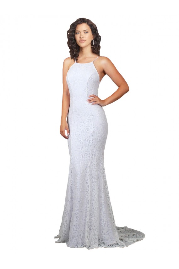 Acheter Blanc Sirène Col Haut Balayage train Dentelle Robes de mariée