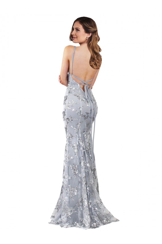 Acheter Argent Sirène Col V Crêpe Stretch Paillette Tulle Longue Formelles Robes demoiselle d'honneur / Robes de soirée / Robes de bal