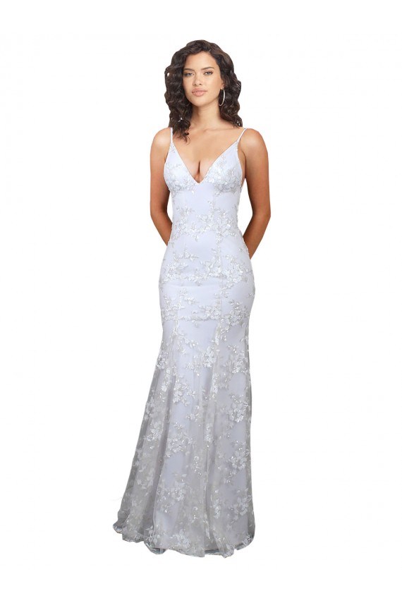 Acheter Blanc Sirène Col V Crêpe Stretch Paillette Tulle Longue Formelles Robes demoiselle d'honneur / Robes de soirée / Robes de bal