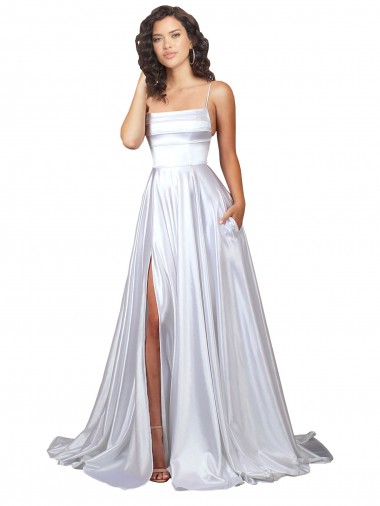 Acheter Blanc Trapèze Bretelles spaghetti Satiné Stretch Simple Plage Robes de mariée
