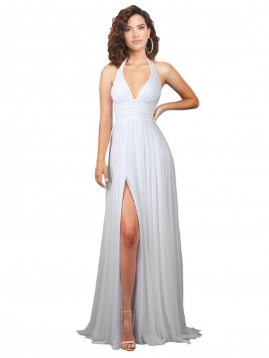 Acheter Blanc Trapèze Col V Balayage train Mousseline Longue Robes demoiselle d'honneur