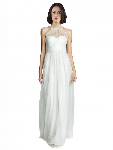 Acheter Blanc Trapèze Licou Col Haut Tulle Longue Robes demoiselle d'honneur