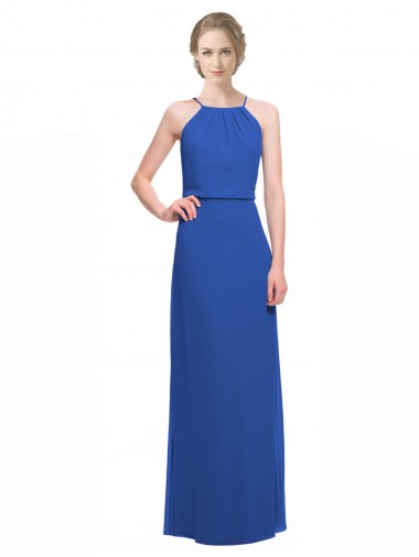Acheter Bleu 135 Trapèze Bretelles spaghetti Mousseline Longue Robes demoiselle d'honneur