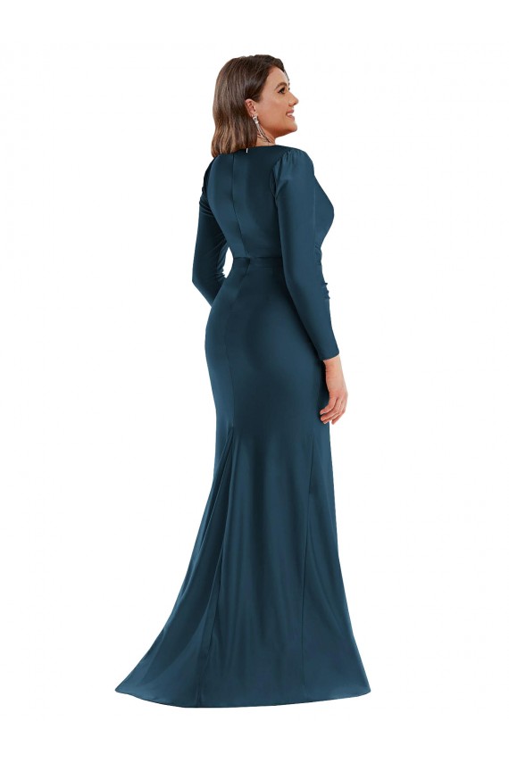 Acheter Bleu Atlantic Sirène Col V Satiné Soyeux Longue Formelles Robes demoiselle d'honneur / Robes de soirée / Robes de bal