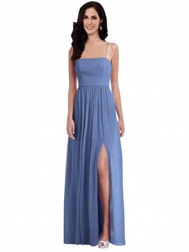 Acheter Bleu Windsor Trapèze Bretelles spaghetti Mousseline Longue Robes demoiselle d'honneur