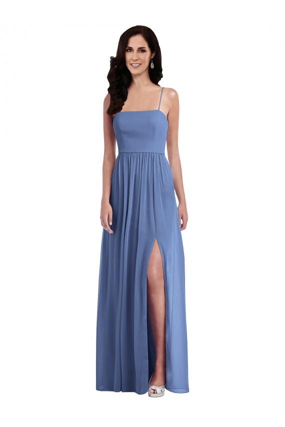 Acheter Bleu Windsor Trapèze Bretelles spaghetti Mousseline Longue Robes demoiselle d'honneur