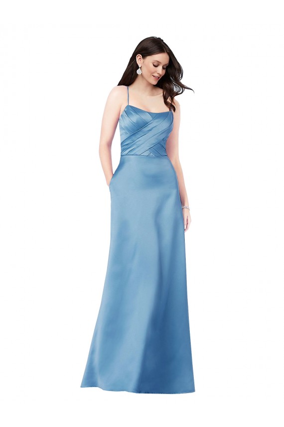 Acheter Bleu ciel Fourreau Bretelles spaghetti Col Carré Satiné Longue Formelles Robes demoiselle d'honneur / Robes de soirée / Robes de bal