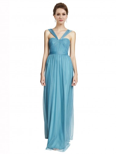Acheter Bleu ciel Trapèze Bretelles spaghetti Col V Tulle Longue Robes demoiselle d'honneur