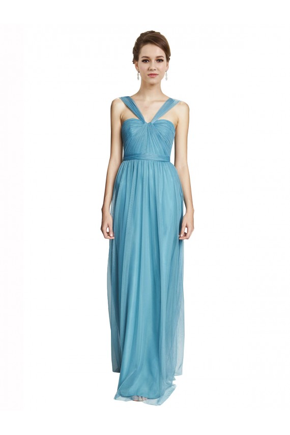 Acheter Bleu ciel Trapèze Bretelles spaghetti Col V Tulle Longue Robes demoiselle d'honneur