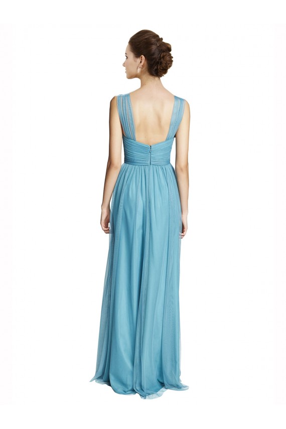 Acheter Bleu ciel Trapèze Bretelles spaghetti Col V Tulle Longue Robes demoiselle d'honneur