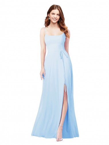 Acheter Bleu ciel clair Fourreau Bretelles spaghetti Col Carré Mousseline Longue Robes demoiselle d'honneur