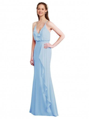 Acheter Bleu ciel clair Sirène Bretelles spaghetti Col V Mousseline Longue Robes demoiselle d'honneur