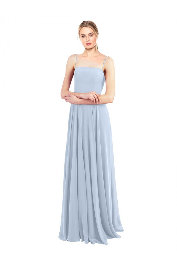 Acheter Bleu ciel clair Trapèze Bretelles spaghetti Col Carré Mousseline Longue Robes demoiselle d'honneur