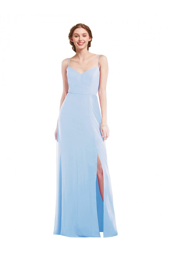 Acheter Bleu ciel clair Trapèze Bretelles spaghetti Col V Mousseline Longue Formelles Robes demoiselle d'honneur / Robes de soirée