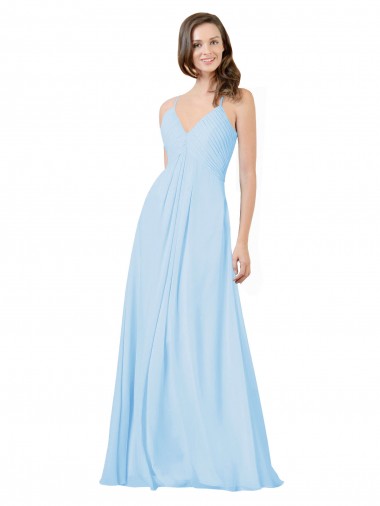 Acheter Bleu ciel clair Trapèze Bretelles spaghetti Col V Mousseline Longue Robes demoiselle d'honneur