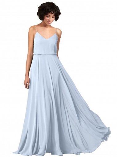 Acheter Bleu ciel clair Trapèze Bretelles spaghetti Col V Mousseline Longue Robes demoiselle d'honneur