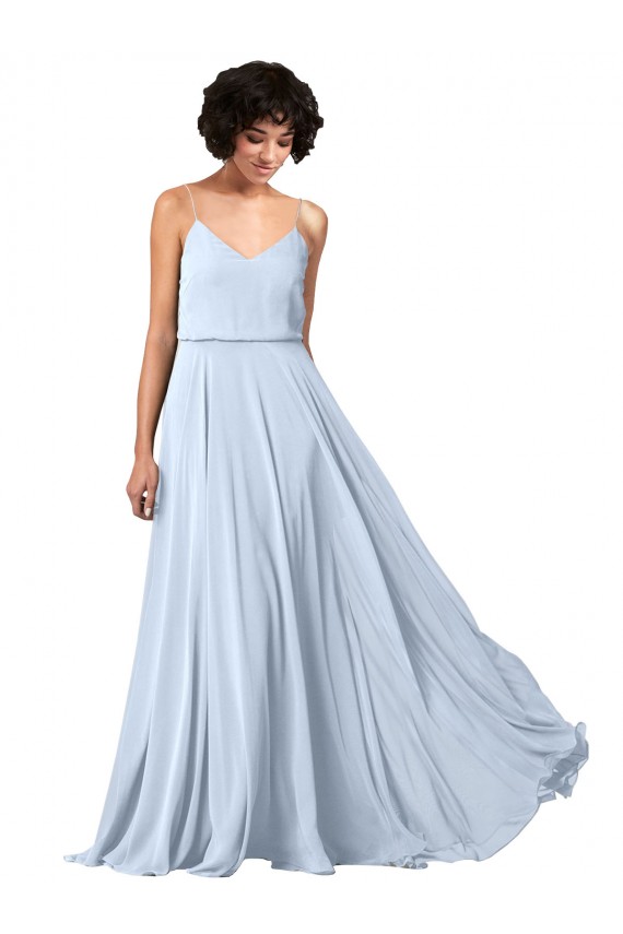 Acheter Bleu ciel clair Trapèze Bretelles spaghetti Col V Mousseline Longue Robes demoiselle d'honneur