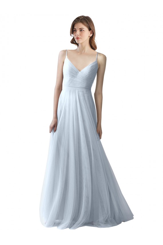 Acheter Bleu ciel clair Trapèze Bretelles spaghetti Col V Tulle Longue Robes demoiselle d'honneur