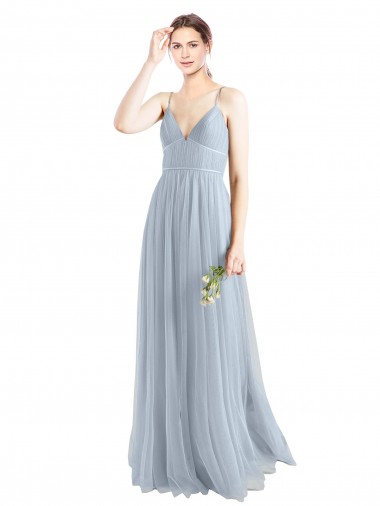 Acheter Bleu ciel clair Trapèze Bretelles spaghetti Col V Tulle Longue Robes demoiselle d'honneur