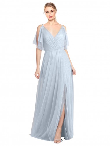 Acheter Bleu ciel clair Trapèze Bretelles spaghetti Col V Tulle Longue Robes demoiselle d'honneur
