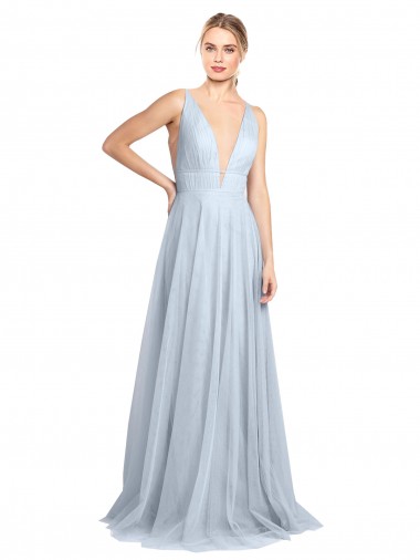 Acheter Bleu ciel clair Trapèze Bretelles spaghetti Col V Tulle Longue Robes demoiselle d'honneur