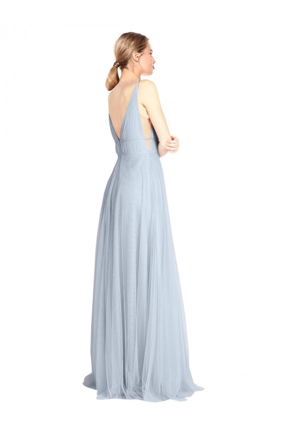 Acheter Bleu ciel clair Trapèze Bretelles spaghetti Col V Tulle Longue Robes demoiselle d'honneur