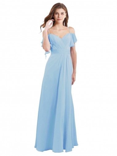 Acheter Bleu ciel clair Trapèze Bretelles spaghetti Mousseline Longue Robes demoiselle d'honneur