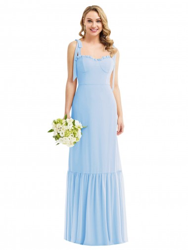 Acheter Bleu ciel clair Trapèze Bretelles spaghetti Mousseline Longue Robes demoiselle d'honneur