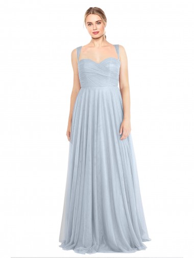 Acheter Bleu ciel clair Trapèze Bretelles spaghetti Tulle Longue Robes demoiselle d'honneur
