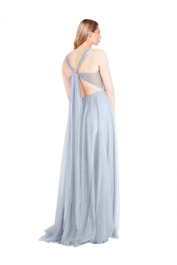 Acheter Bleu ciel clair Trapèze Bretelles spaghetti Tulle Longue Robes demoiselle d'honneur
