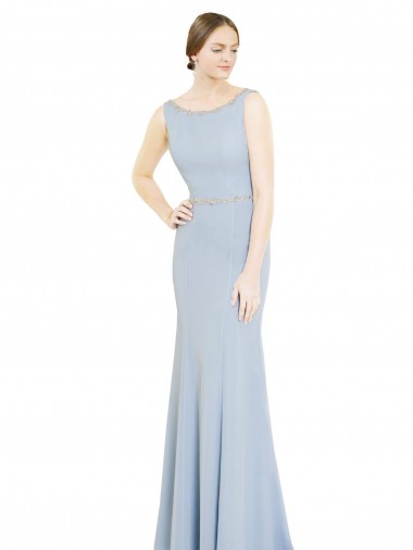 Acheter Bleu ciel clair Trapèze Col Bateau Col Haut Mousseline Longue Robes demoiselle d'honneur