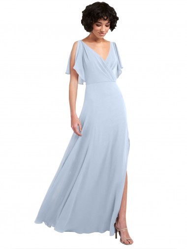 Acheter Bleu ciel clair Trapèze Col V Mousseline Longue Robes demoiselle d'honneur