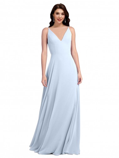 Acheter Bleu ciel clair Trapèze Col V Mousseline Longue Robes demoiselle d'honneur