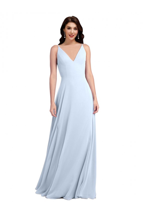 Acheter Bleu ciel clair Trapèze Col V Mousseline Longue Robes demoiselle d'honneur