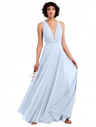 Acheter Bleu ciel clair Trapèze Col V Mousseline Longue Robes demoiselle d'honneur