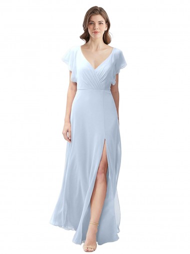 Acheter Bleu ciel clair Trapèze Col V Mousseline Longue Robes demoiselle d'honneur