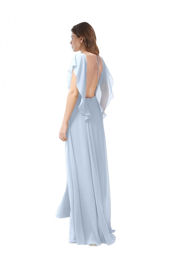 Acheter Bleu ciel clair Trapèze Col V Mousseline Longue Robes demoiselle d'honneur