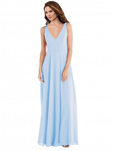 Acheter Bleu ciel clair Trapèze Col V Mousseline Longue Robes demoiselle d'honneur