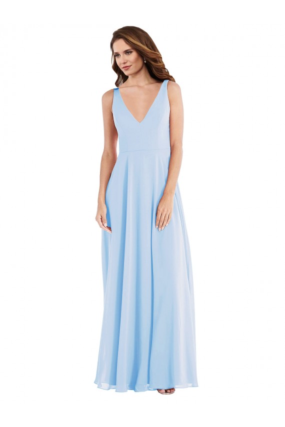 Acheter Bleu ciel clair Trapèze Col V Mousseline Longue Robes demoiselle d'honneur
