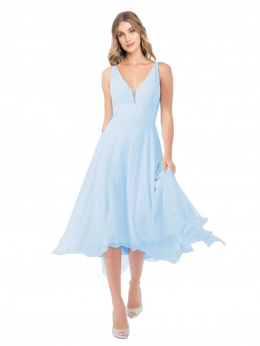 Acheter Bleu ciel clair Trapèze Col V midi Mousseline Courte Robes demoiselle d'honneur / Robes de cocktail