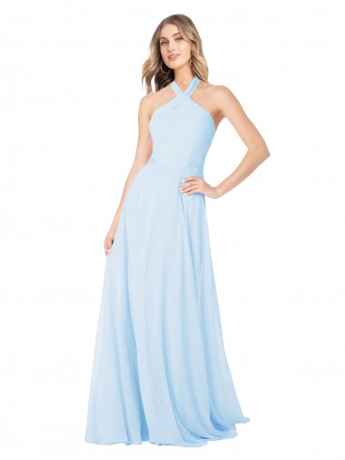 Acheter Bleu ciel clair Trapèze Licou Col Haut Mousseline Longue Robes demoiselle d'honneur