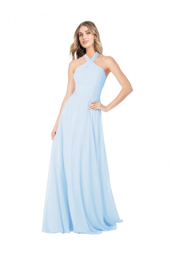 Acheter Bleu ciel clair Trapèze Licou Col Haut Mousseline Longue Robes demoiselle d'honneur