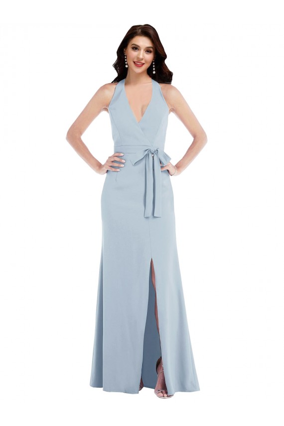 Acheter Bleu ciel clair Trapèze Licou Col V Crêpe Stretch Longue Formelles Robes demoiselle d'honneur / Robes de soirée / Robes de bal