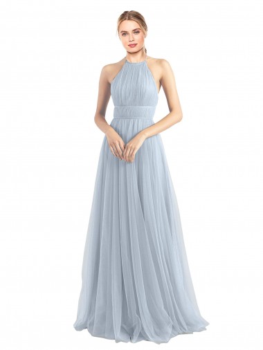 Acheter Bleu ciel clair Trapèze Licou Tulle Longue Robes demoiselle d'honneur