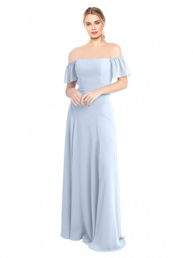 Acheter Bleu ciel clair Trapèze Épaule Dénudée Col Carré Mousseline Longue Robes demoiselle d'honneur